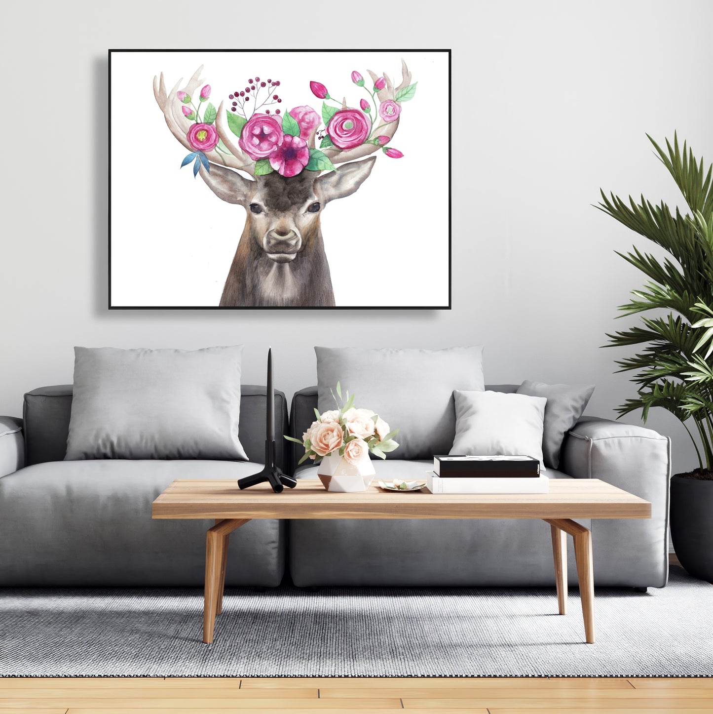 Toile « Tête de cerf avec fleurs » | Décoration animalière romantique marron