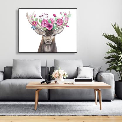 Toile « Tête de cerf avec fleurs » | Décoration animalière romantique marron