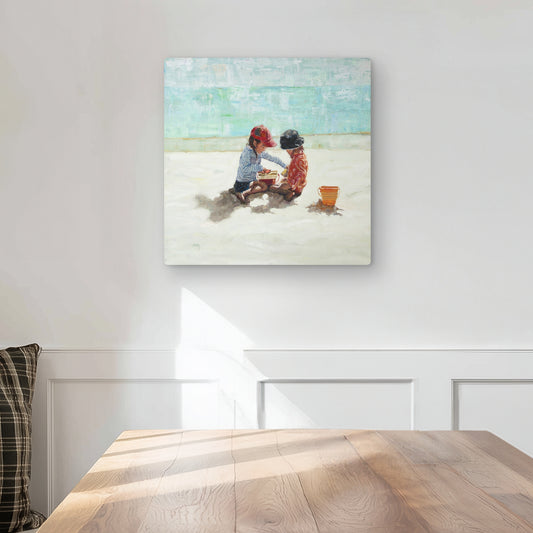 Little girls at the beach - Beige Bathroom Metal Print Decor