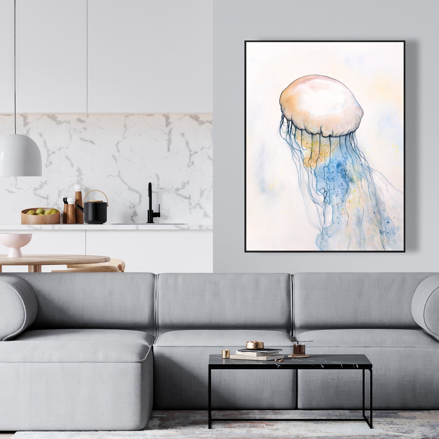 Watercolor Jellyfish Canvas - Blue Framed Aquatic Decor