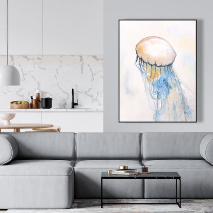 Watercolor Jellyfish Canvas - Blue Framed Aquatic Decor