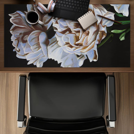 White Peonies Desk Mat - Romantic Floral & Botanical Decor