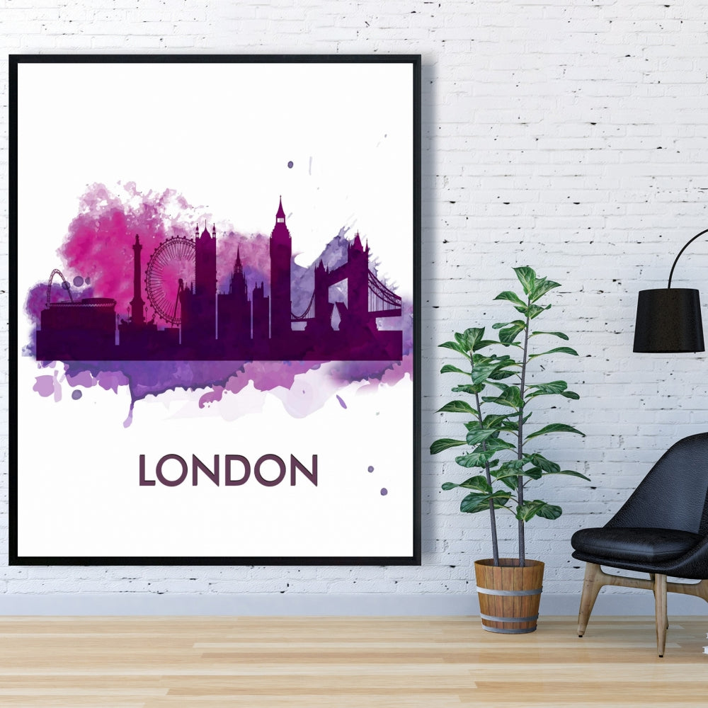 Purple Silhouette of London Canvas | Retro Bedroom Wall Art