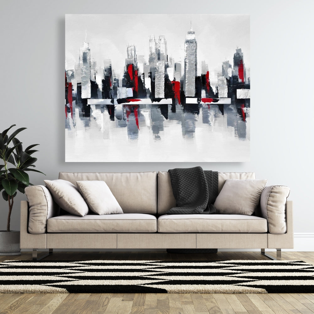 Gray and Red Cityscape Canvas | Industrial Gray Home Decor