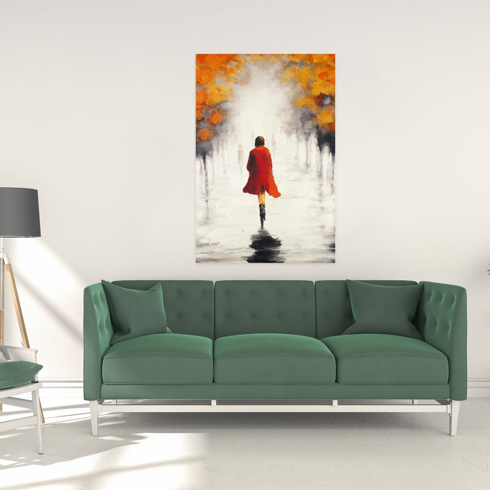 Contemporary Gray Trees Canvas - Woman in Red Coat Home Decor