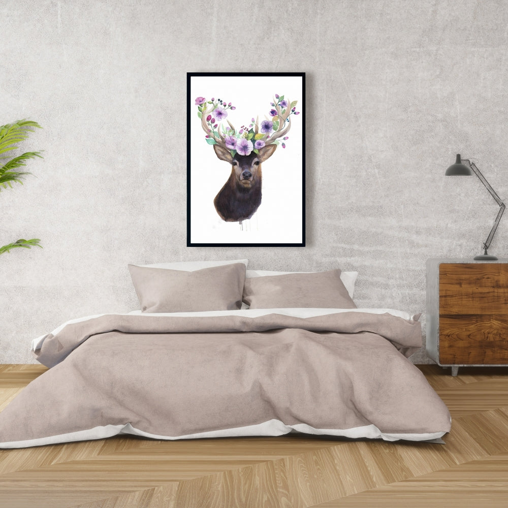 Roe Deer Head with Flowers Framed Canvas | Romantic Bedroom Art