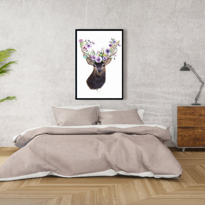 Roe Deer Head with Flowers Framed Canvas | Romantic Bedroom Art