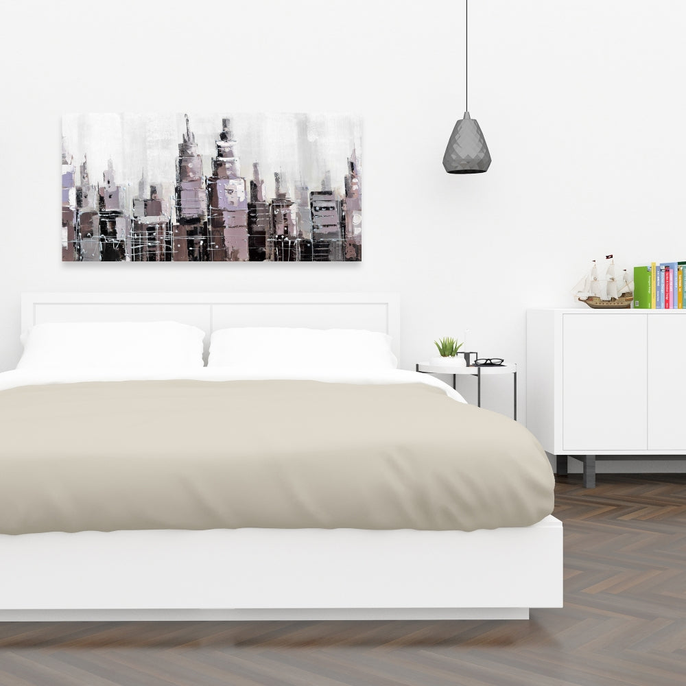 Toile abstraite représentant un paysage urbain en niveaux de gris – Décoration murale blanche pour chambre à coucher