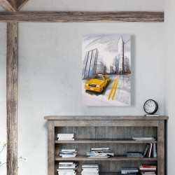 Canvas 24 x 36 - Yellow taxi and city sketch