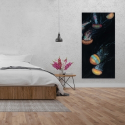 Canvas 24 x 48 - Colorful jellyfishes swimming in the dark
