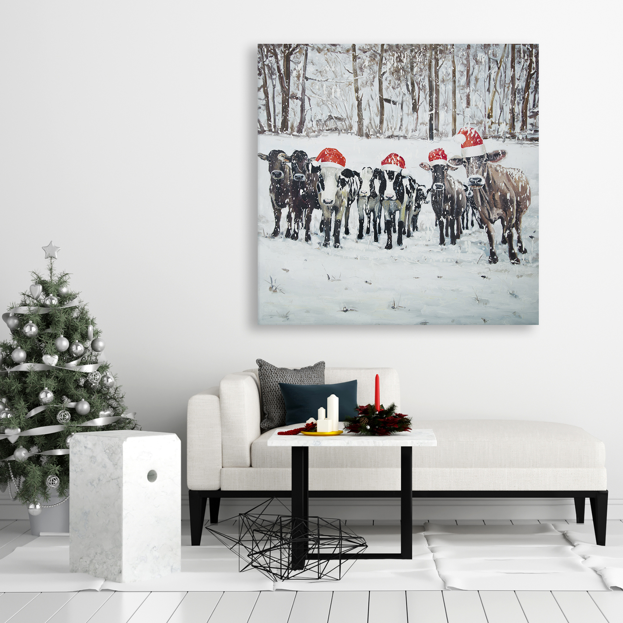 Toile 36 x 36 - Vaches curieuses de noël