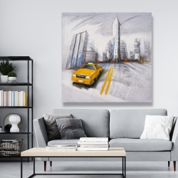 Canvas 48 x 48 - Yellow taxi and city sketch