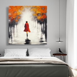 Canvas 48 x 48 - Woman with a red coat by fall