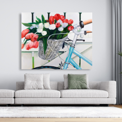 Canvas 48 x 60 - Bicycle with tulips flowers in basket