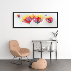 Framed 16 x 48 - Colorful flowers with a butterfly