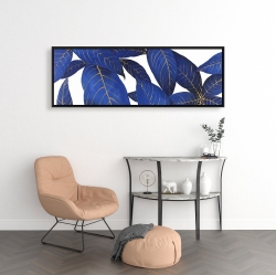 Framed 16 x 48 - Abstract modern blue leaves