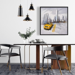 Framed 24 x 24 - Yellow taxi and city sketch