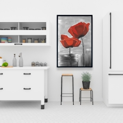 Framed 24 x 36 - Two red flowers on a grayscale background