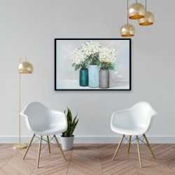 Framed 24 x 36 - Hydrangea flowers in blue vases