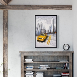 Framed 24 x 36 - Yellow taxi and city sketch