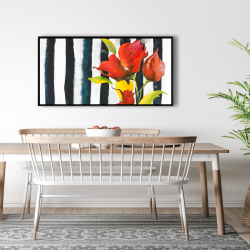 Framed 24 x 48 - Flowers on black and white stripes