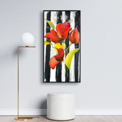 Framed 24 x 48 - Flowers on black and white stripes