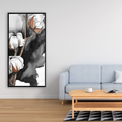 Framed 24 x 48 - Cotton flowers on a black background