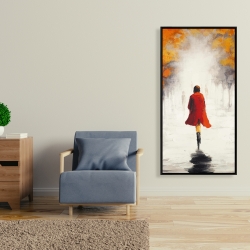 Framed 24 x 48 - Woman with a red coat by fall