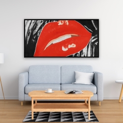 Framed 24 x 48 - Kissable glossy lips on a black background