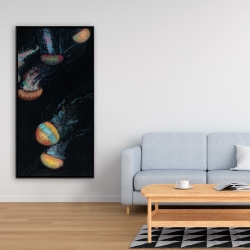 Framed 24 x 48 - Colorful jellyfishes swimming in the dark