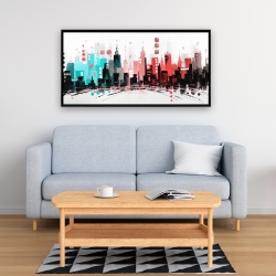 Framed 24 x 48 - Colorful city with rose gold lines