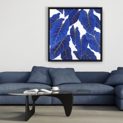 Framed 36 x 36 - Tropical abstract blue leaves