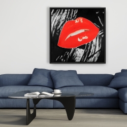 Framed 36 x 36 - Kissable glossy lips on a black background