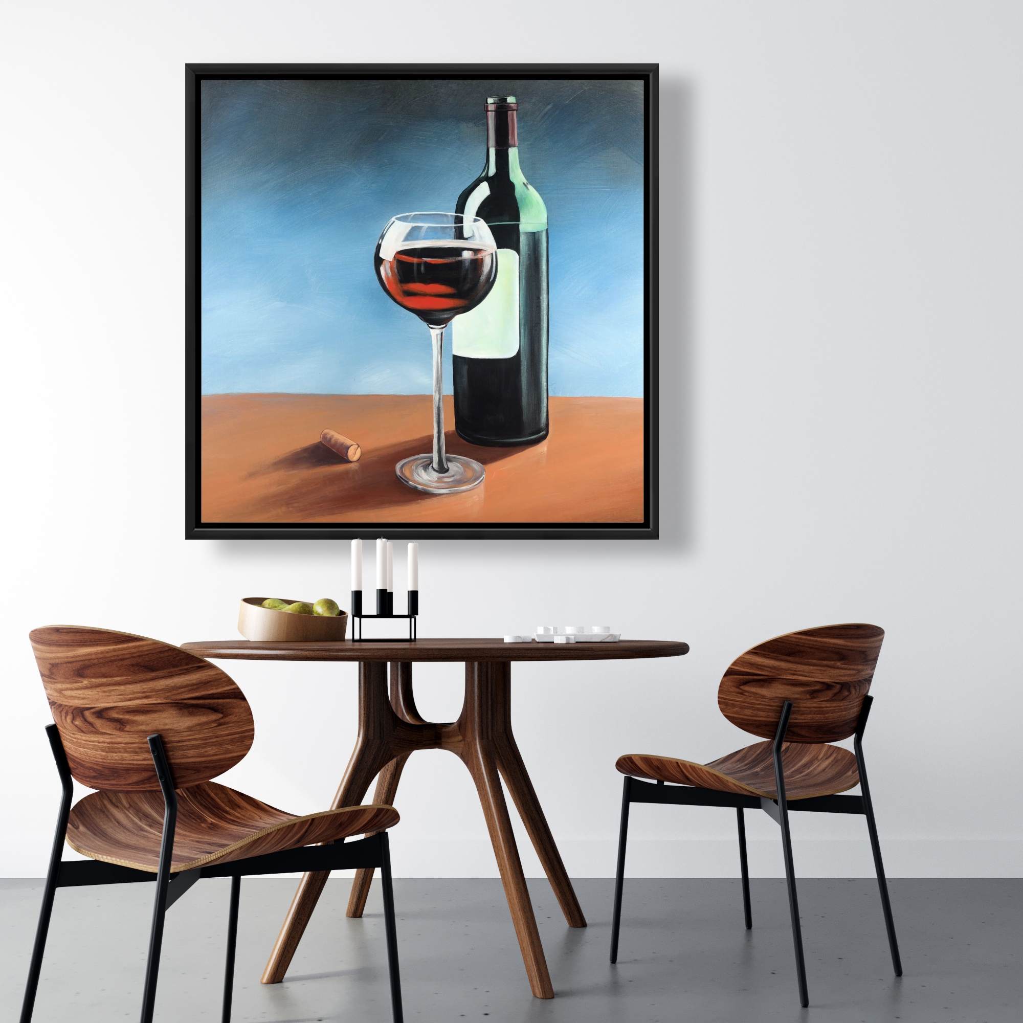 Framed 36 x 36 - Bottle of bourgogne with whine glass