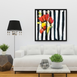 Framed 36 x 36 - Red flowers on stripes