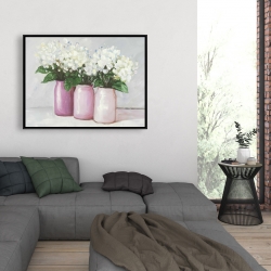 Framed 36 x 48 - Hydrangea flowers in pink vases