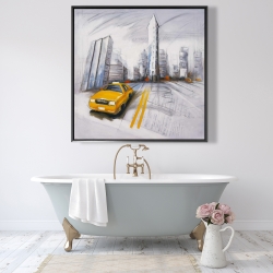 Framed 48 x 48 - Yellow taxi and city sketch