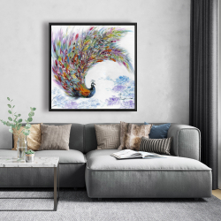 Framed 48 x 48 - Colorful peacock with flowers