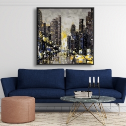 Framed 48 x 48 - Abstract and texturized city with yellow taxis