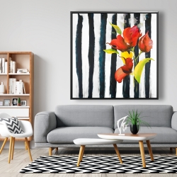 Framed 48 x 48 - Flowers on black and white stripes