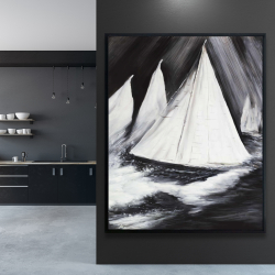 Framed 48 x 60 - Grayscale boats in a storm