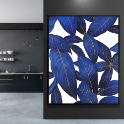 Framed 48 x 60 - Abstract modern blue leaves