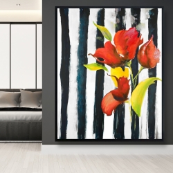 Framed 48 x 60 - Flowers on black and white stripes