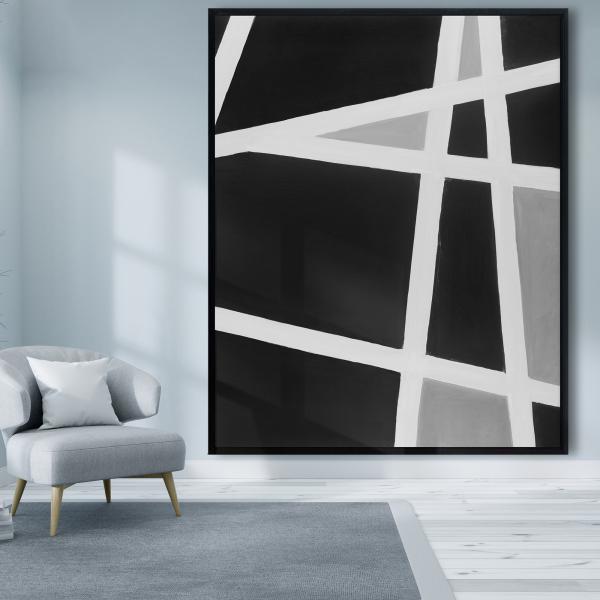 Framed 48 x 60 - Black and white abstract lines
