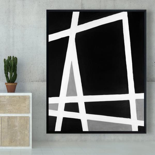 Framed 48 x 60 - Black and white abstract shapes