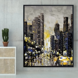 Framed 48 x 60 - Abstract and texturized city with yellow taxis