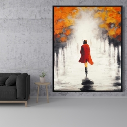 Framed 48 x 60 - Woman with a red coat by fall