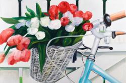 Bicycle with tulips flowers in basket