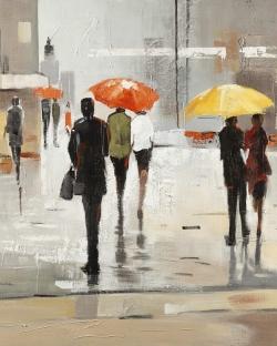 Abstract passersby with umbrellas