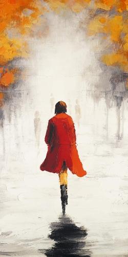 Woman with a red coat by fall